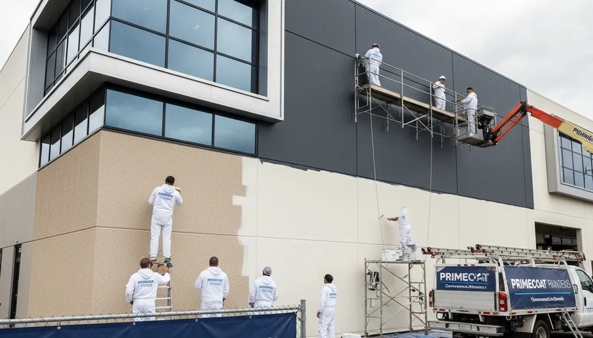 Professional commercial painters working on business exterior in Oak Park, IL