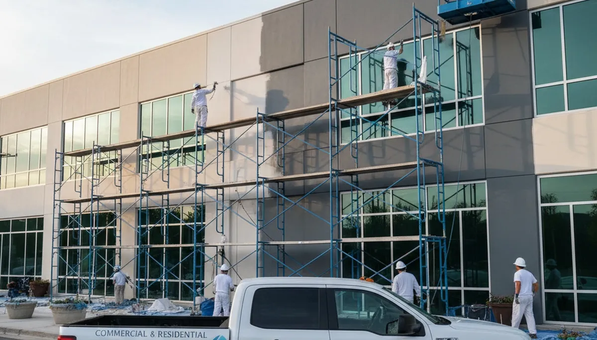 Professional commercial painters coating Oak Park IL business exterior with durable weatherproof paint
