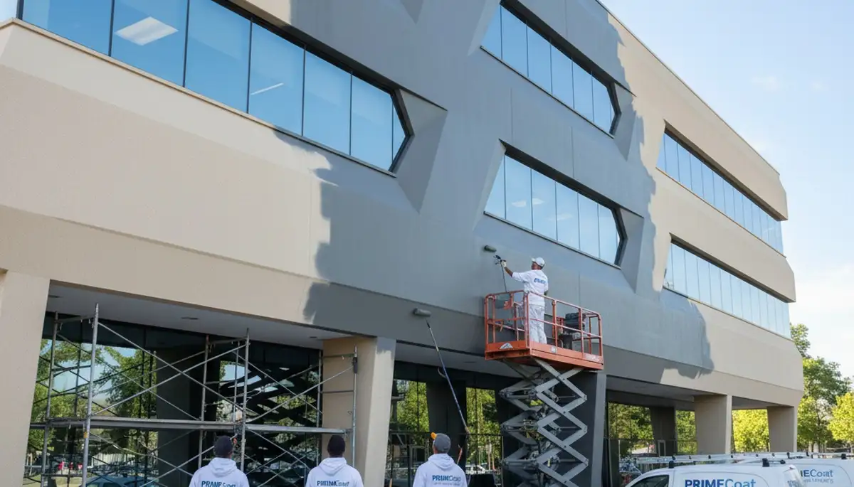 Professional commercial painters coating office exterior in Oak Park, IL for durable, clean finish