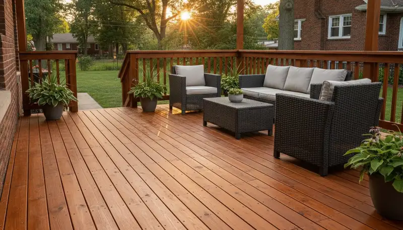 Finished deck staining in Oak Park IL showing restored wood color and weather-protected outdoor deck surface