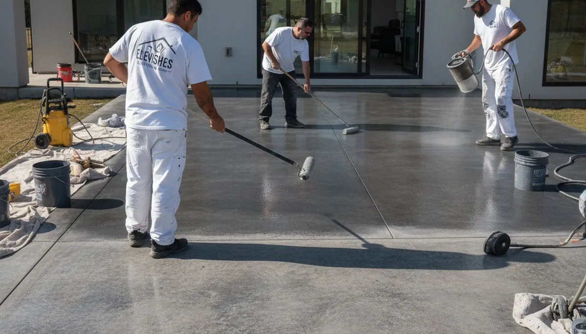 Contractor applying concrete stain to garage floor in Oak Park, IL for durable home surface finish