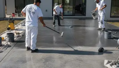 Contractor applying concrete stain to garage floor in Oak Park, IL for durable home surface finish
