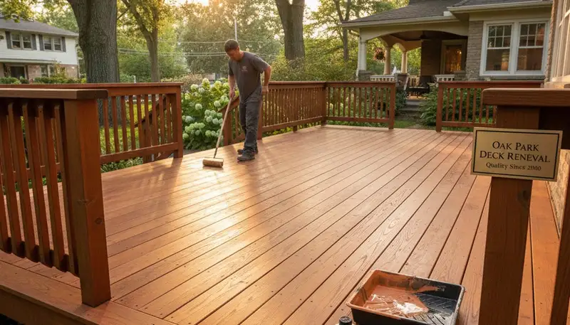 Professional deck staining in Oak Park IL protecting wood with rich finish and weatherproof coating