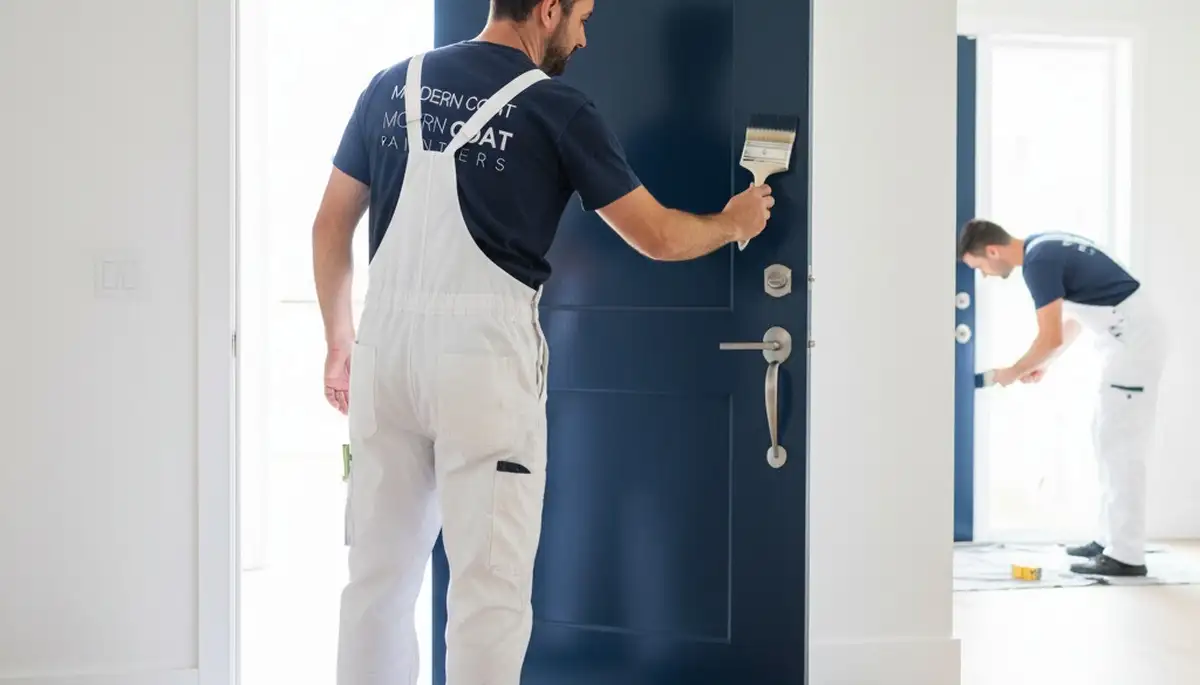 Professional painters refinishing a front door in Oak Park, IL for durable, weather-resistant curb appeal