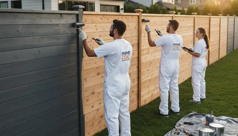 Professional fence painters staining wooden fence in Oak Park, IL for durable outdoor protection