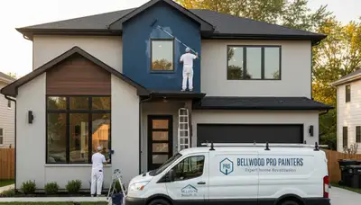 Professional house painters working on exterior home repaint in Oak Park, IL