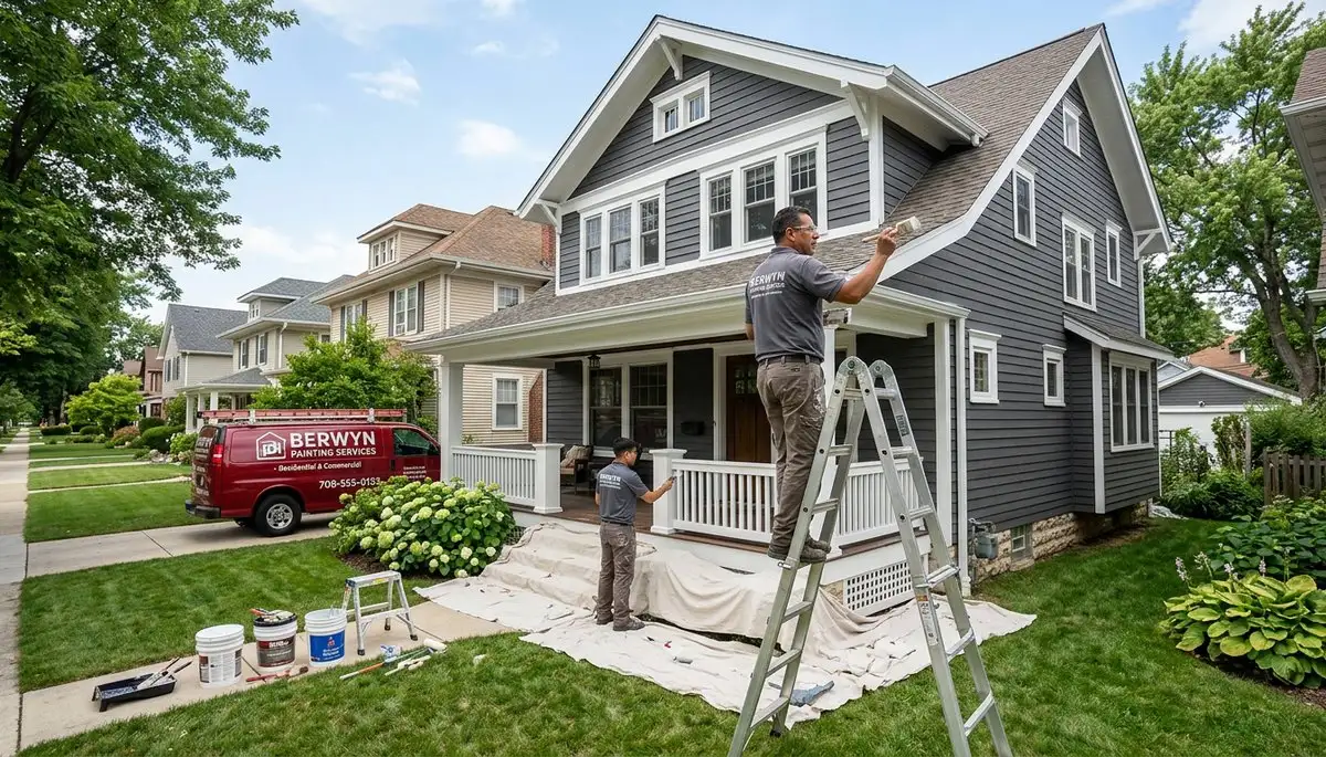 Professional house painters finishing exterior home in Oak Park IL