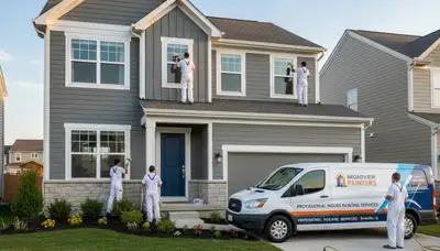 Professional house painters working on exterior home repaint in Oak Park IL