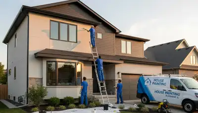 Professional house painters finishing exterior home in Oak Park, IL