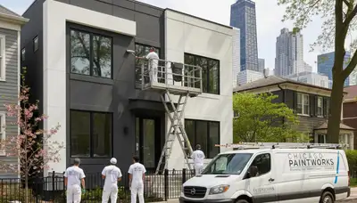 Professional house painters finishing exterior home painting in Oak Park, IL
