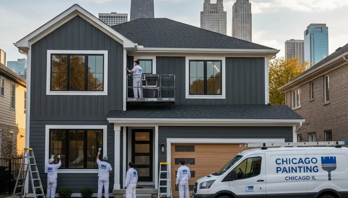 Professional house painters finishing exterior home in Oak Park IL for paintingoakparkil.com