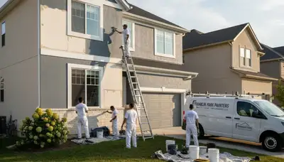 Professional house painters working on residential exterior in Oak Park, IL