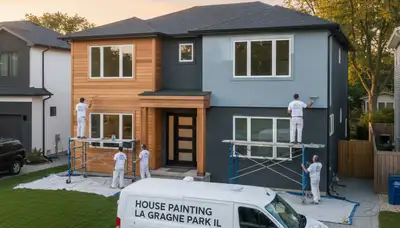Professional house painters finishing exterior home project in Oak Park, IL