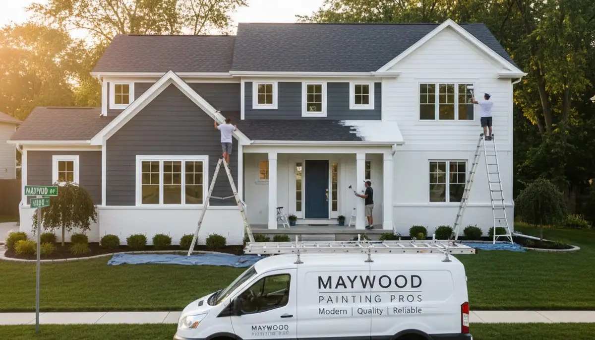 Professional house painters finishing residential exterior in Oak Park IL