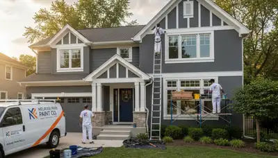 Professional house painters working on exterior home in Oak Park, IL