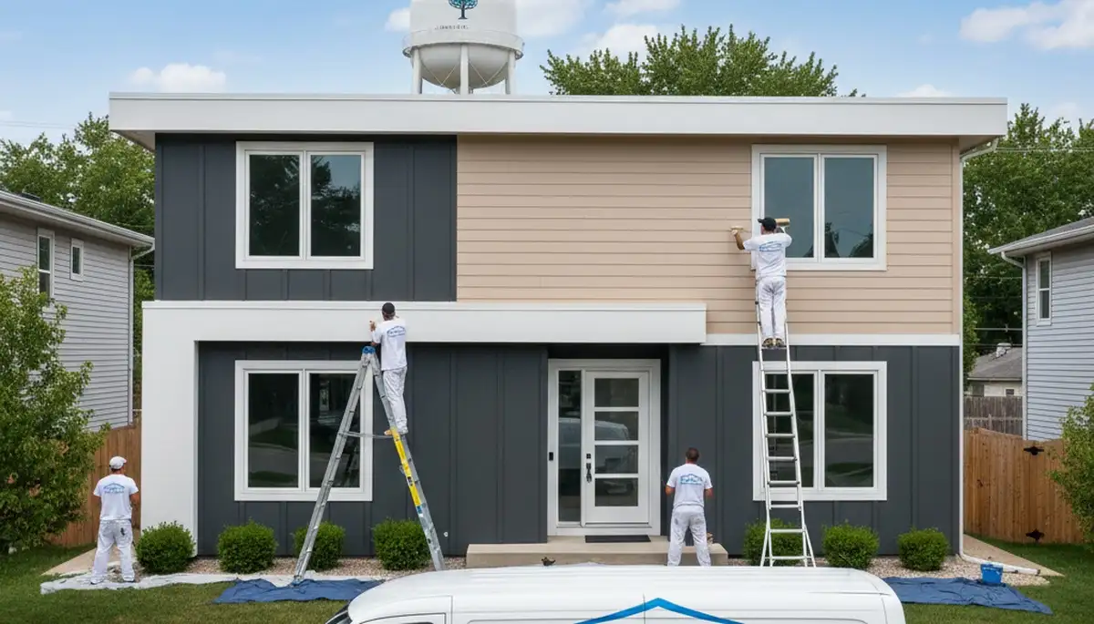 Professional house painters finishing exterior home in Oak Park, IL