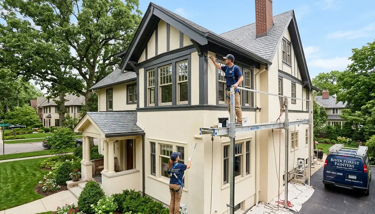 Professional house painters finishing exterior home in Oak Park, IL