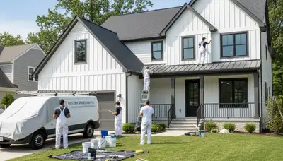 Professional house painters refreshing exterior siding in Oak Park, IL home