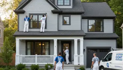 Professional house painters in Oak Park IL applying fresh exterior paint to a suburban home