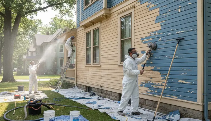 Painter sanding exterior siding for new paint finish during surface prep in Oak Park, IL