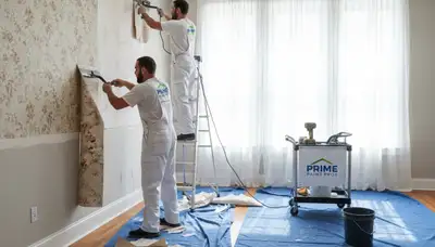 Professional wallpaper removal on historic plaster walls in Oak Park, IL home