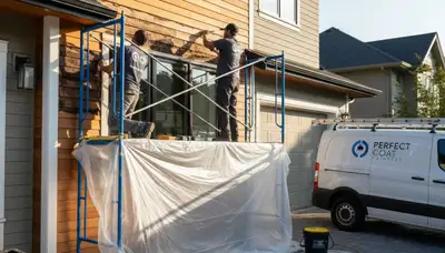 Contractor performing wood rot repair on Oak Park IL home exterior before house painting